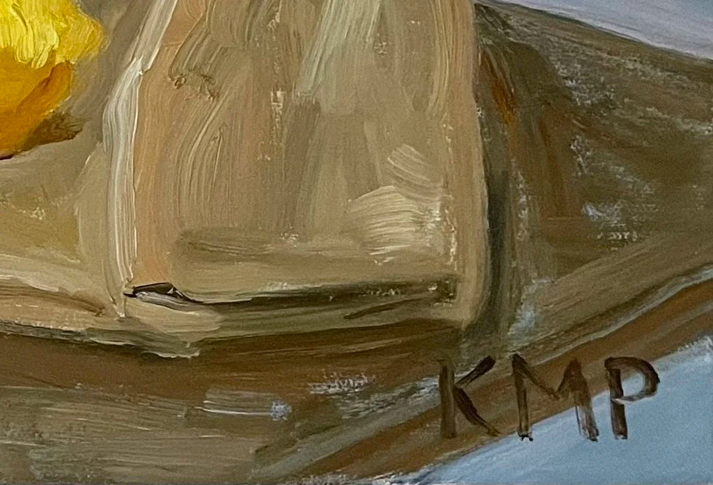 Close-up of an oil painting showing thick brushstrokes in beige, brown, gray, and a small yellow area, with the letters 'KMP' painted near the lower right.